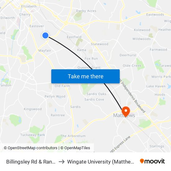 Billingsley Rd & Randolph Rd to Wingate University (Matthews  Campus) map