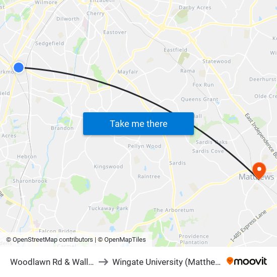 Woodlawn Rd & Wallingford St to Wingate University (Matthews  Campus) map