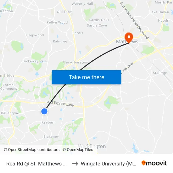 Rea Rd @ St. Matthews Church Park & Ride to Wingate University (Matthews  Campus) map