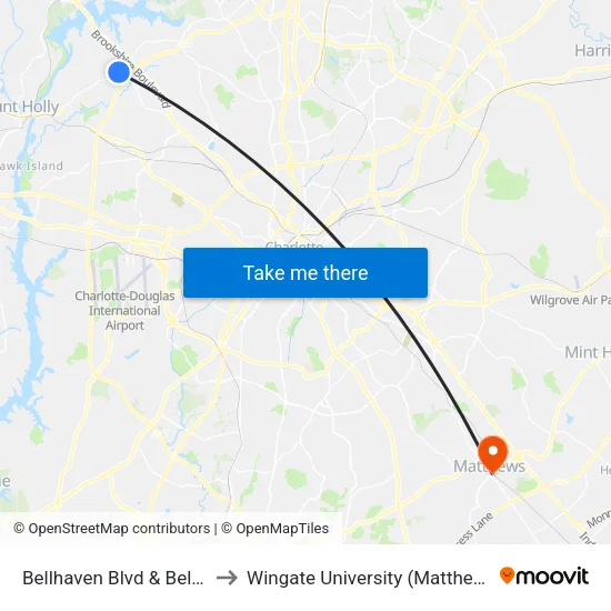 Bellhaven Blvd & Bellhaven Cir to Wingate University (Matthews  Campus) map