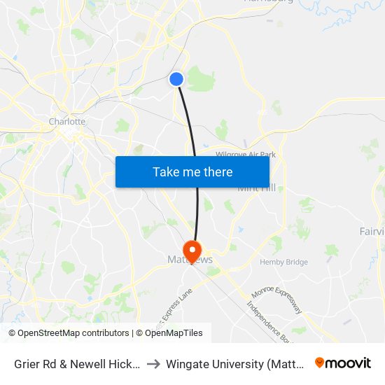 Grier Rd & Newell Hickory Grove Rd to Wingate University (Matthews  Campus) map