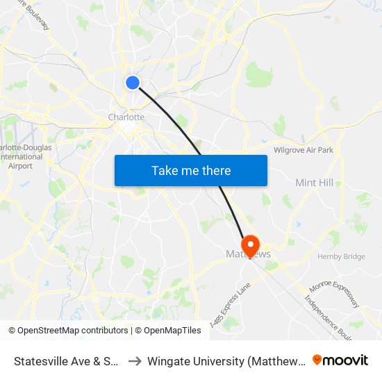 Statesville Ave & Samuel St to Wingate University (Matthews  Campus) map