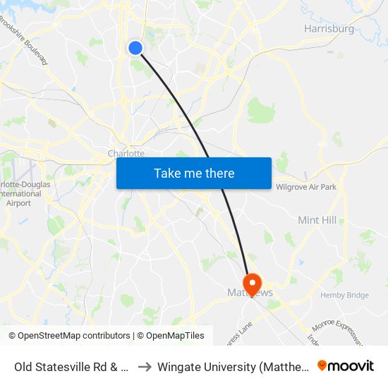 Old Statesville Rd & Gibbon Rd to Wingate University (Matthews  Campus) map