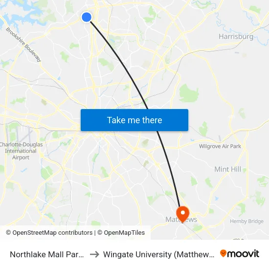 Northlake Mall Park & Ride to Wingate University (Matthews  Campus) map