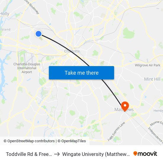 Toddville Rd & Freedom Dr to Wingate University (Matthews  Campus) map