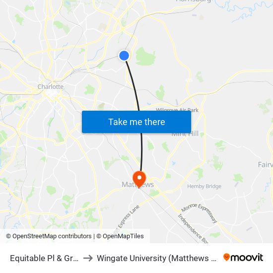 Equitable Pl & Grier Rd to Wingate University (Matthews  Campus) map
