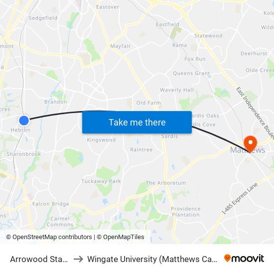 Arrowood Station to Wingate University (Matthews  Campus) map