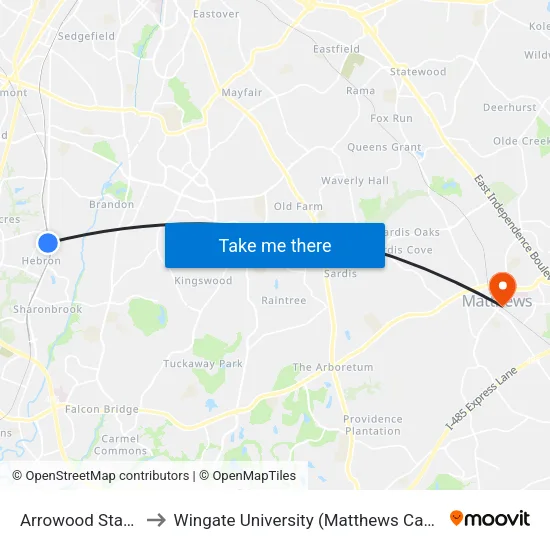 Arrowood Station to Wingate University (Matthews  Campus) map