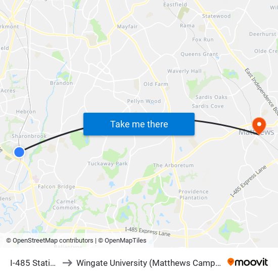 I-485 Station to Wingate University (Matthews  Campus) map