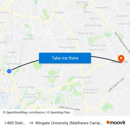 I-485 Station to Wingate University (Matthews  Campus) map