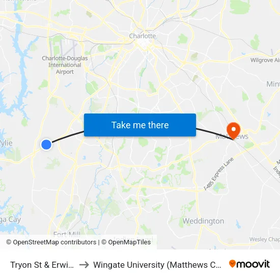 Tryon St & Erwin Rd to Wingate University (Matthews  Campus) map