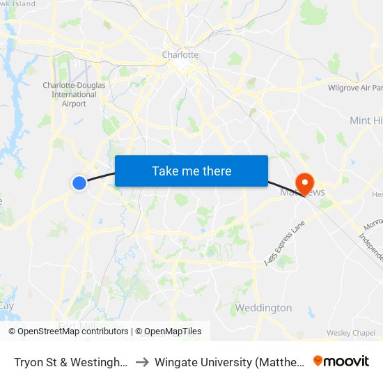 Tryon St & Westinghouse Blvd to Wingate University (Matthews  Campus) map