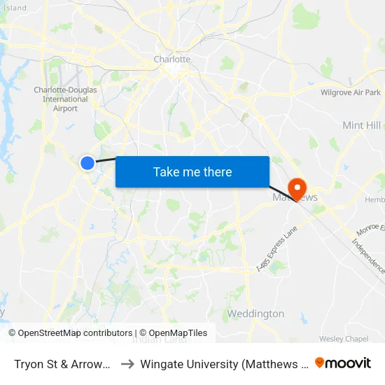 Tryon St & Arrowood Rd to Wingate University (Matthews  Campus) map