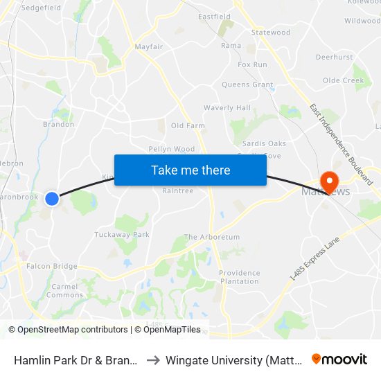 Hamlin Park Dr & Brandon Forest Dr to Wingate University (Matthews  Campus) map