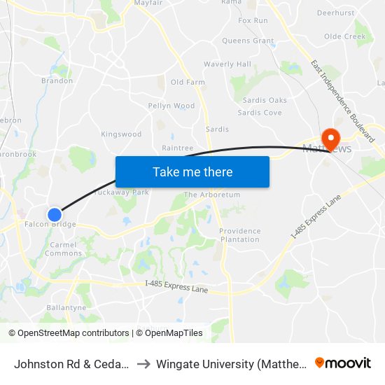 Johnston Rd & Cedar Creek Ln to Wingate University (Matthews  Campus) map