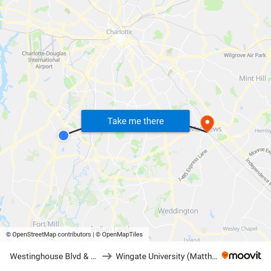 Westinghouse Blvd & Texland Blvd to Wingate University (Matthews  Campus) map