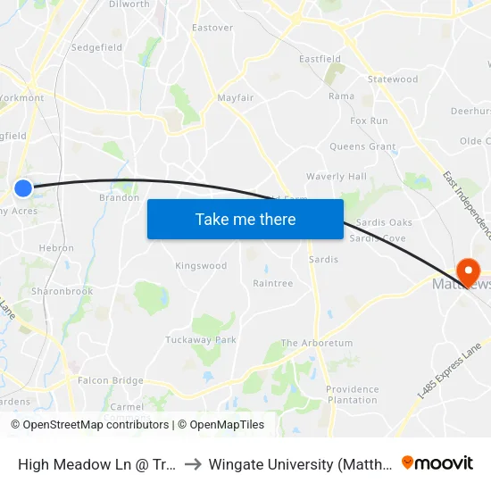 High Meadow Ln @ Tree Top Apts to Wingate University (Matthews  Campus) map