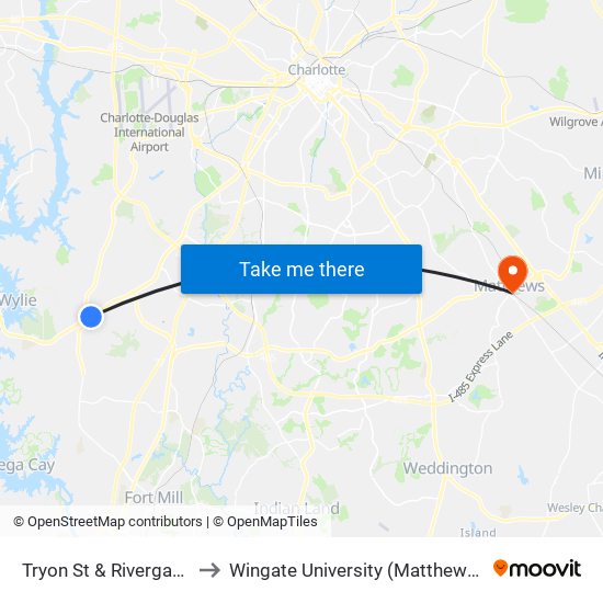 Tryon St & Rivergate Pkwy to Wingate University (Matthews  Campus) map