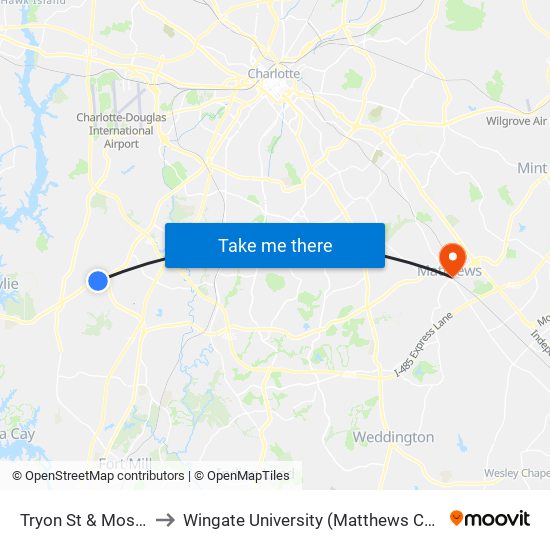 Tryon St & Moss Rd to Wingate University (Matthews  Campus) map