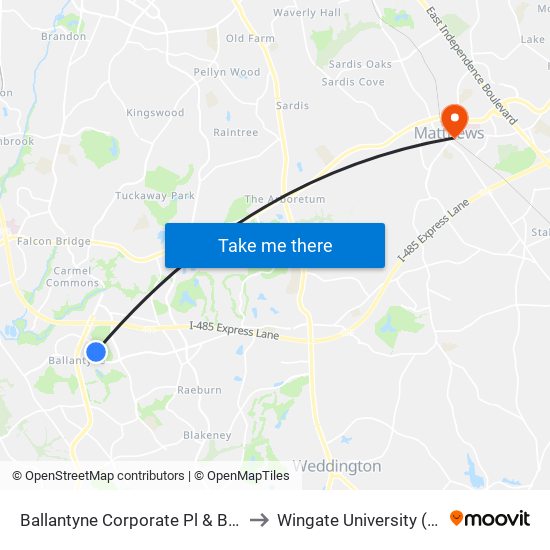 Ballantyne Corporate Pl & Ballantyne Commons Pkwy to Wingate University (Matthews  Campus) map