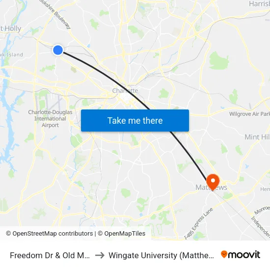 Freedom Dr & Old Mt Holly Rd to Wingate University (Matthews  Campus) map