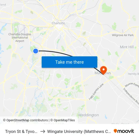 Tryon St & Tyvola Rd to Wingate University (Matthews  Campus) map