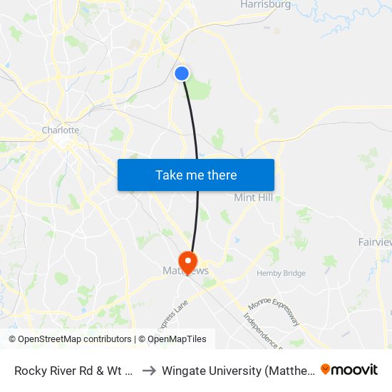 Rocky River Rd & Wt Harris Blvd to Wingate University (Matthews  Campus) map