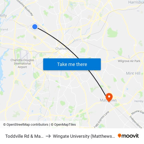 Toddville Rd & Macon St to Wingate University (Matthews  Campus) map