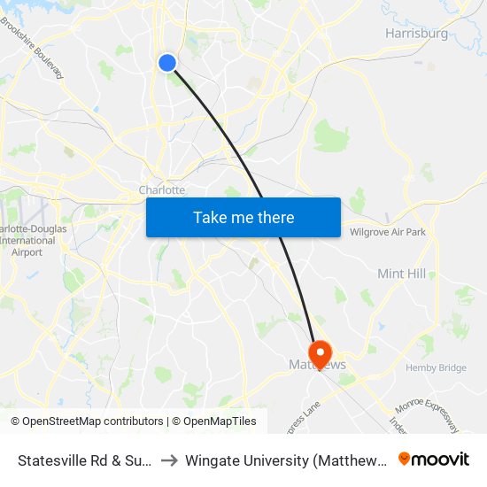 Statesville Rd & Sunset Rd to Wingate University (Matthews  Campus) map