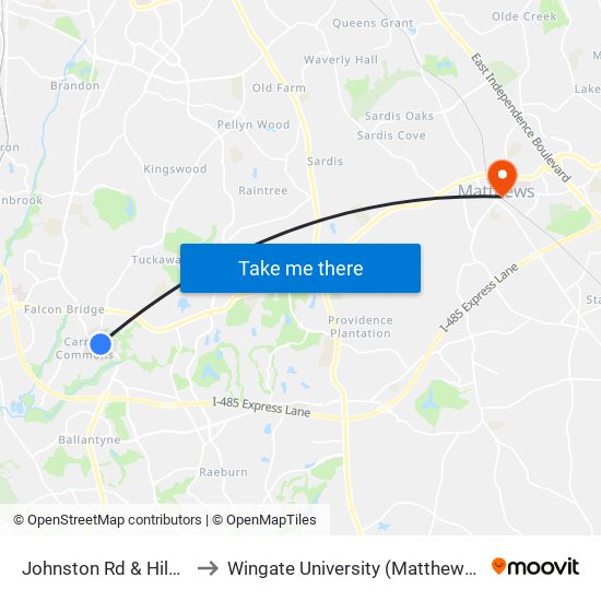 Johnston Rd & Hildreth Ct to Wingate University (Matthews  Campus) map