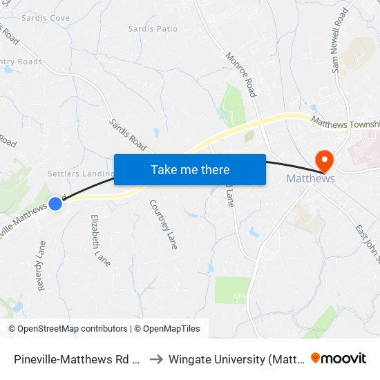 Pineville-Matthews Rd & Alexander Rd to Wingate University (Matthews  Campus) map