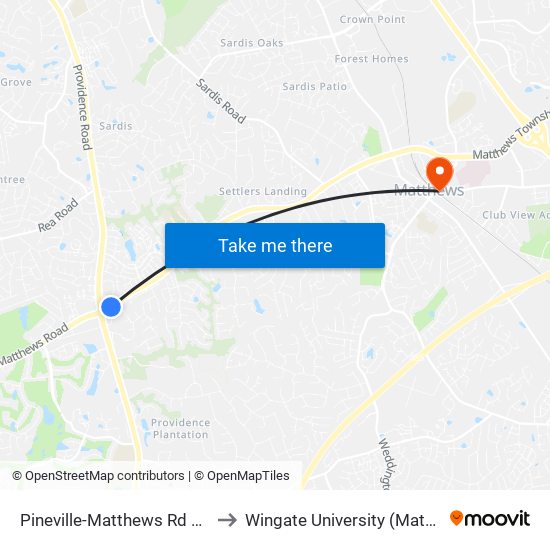 Pineville-Matthews Rd & Arboretum Dr to Wingate University (Matthews  Campus) map