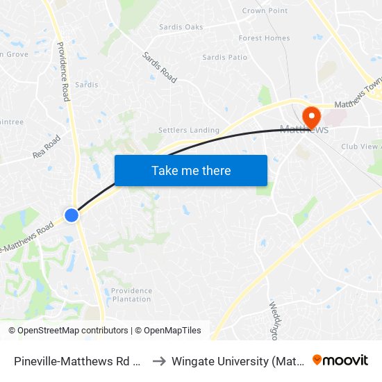 Pineville-Matthews Rd & Providence Rd to Wingate University (Matthews  Campus) map