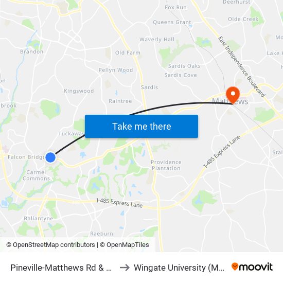 Pineville-Matthews Rd & Carmel Executive Dr to Wingate University (Matthews  Campus) map