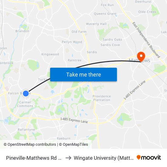 Pineville-Matthews Rd & Johnston Rd to Wingate University (Matthews  Campus) map