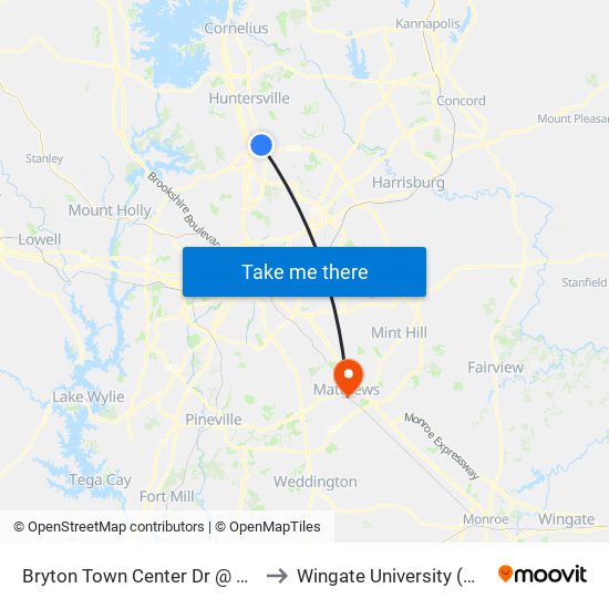 Bryton Town Center Dr @ Walmart (Southbound) to Wingate University (Matthews  Campus) map