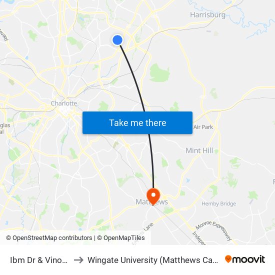 Ibm Dr & Vinoy Bv to Wingate University (Matthews  Campus) map