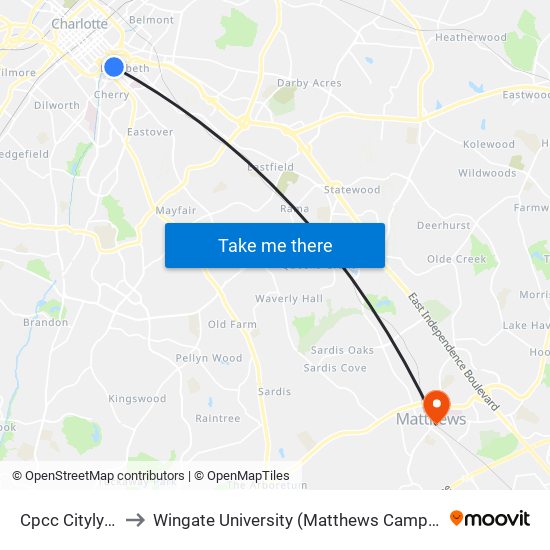 Cpcc Citylynx to Wingate University (Matthews  Campus) map