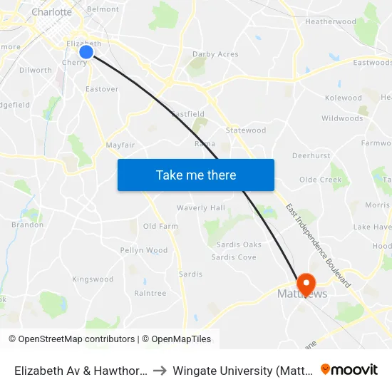 Elizabeth Av & Hawthorne Ln Citylynx to Wingate University (Matthews  Campus) map