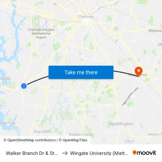 Walker Branch Dr & Steele Creek Rd to Wingate University (Matthews  Campus) map