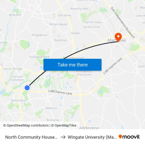 North Community House Rd & Endhaven Ln to Wingate University (Matthews  Campus) map