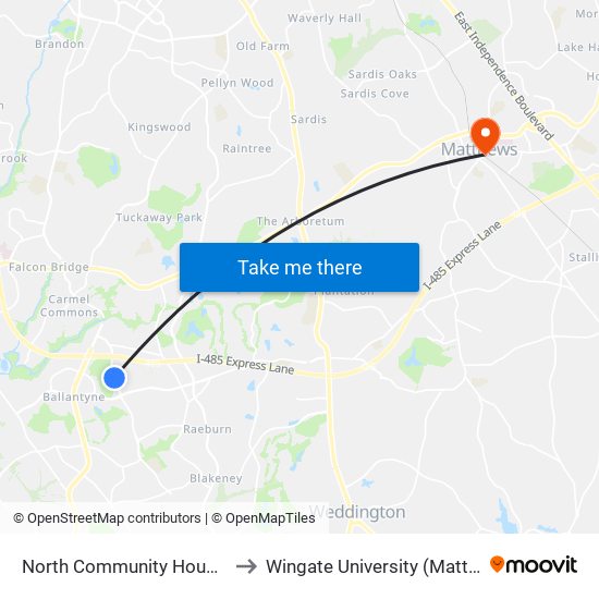 North Community House Rd @ 11605 to Wingate University (Matthews  Campus) map