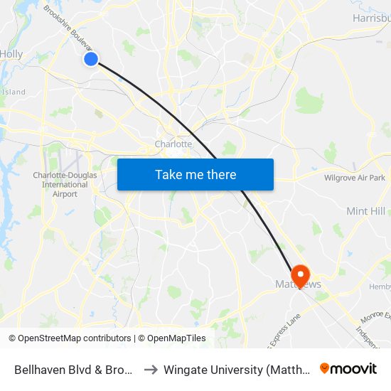 Bellhaven Blvd & Brookshire Blvd to Wingate University (Matthews  Campus) map