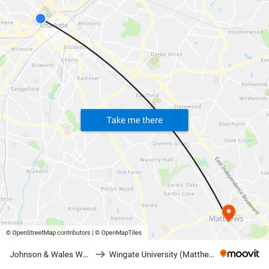 Johnson & Wales Way & 4th St to Wingate University (Matthews  Campus) map