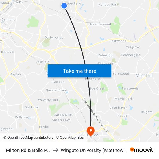 Milton Rd & Belle Plaine Dr to Wingate University (Matthews  Campus) map