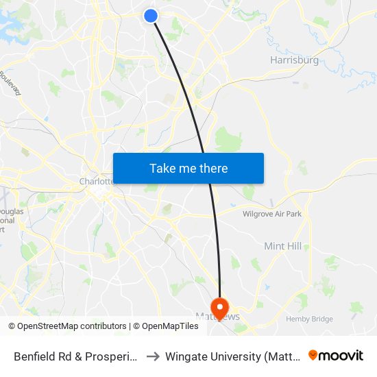 Benfield Rd & Prosperity Crossing Dr to Wingate University (Matthews  Campus) map