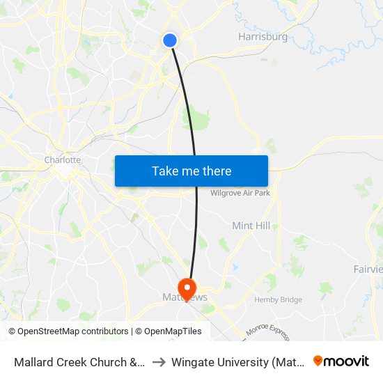 Mallard Creek Church & Berkeley Place to Wingate University (Matthews  Campus) map