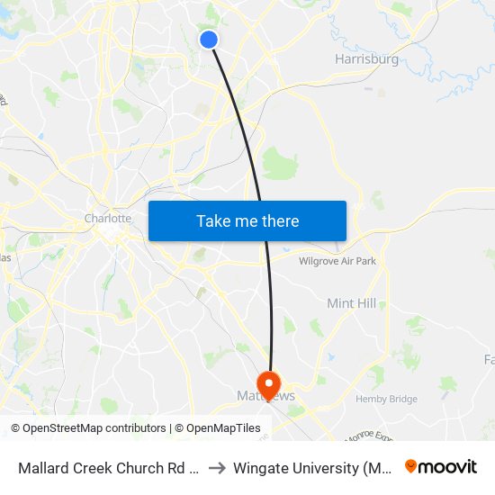 Mallard Creek Church Rd & Crescent View Dr to Wingate University (Matthews  Campus) map