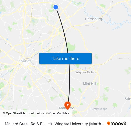 Mallard Creek Rd & Breezewood to Wingate University (Matthews  Campus) map