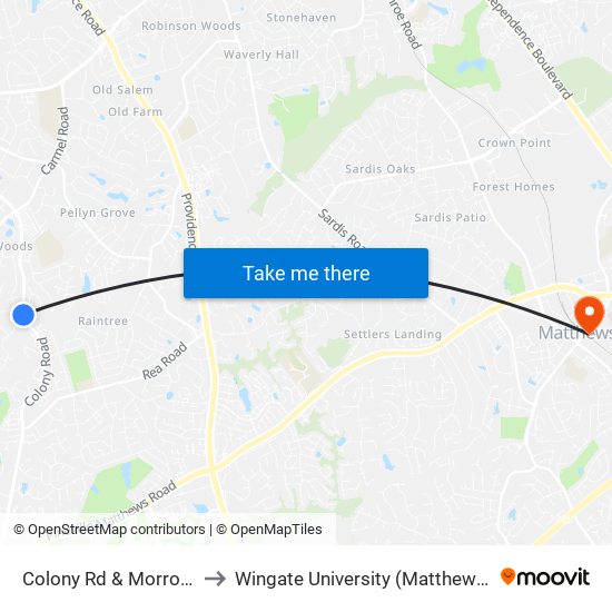 Colony Rd & Morrowick Rd to Wingate University (Matthews  Campus) map